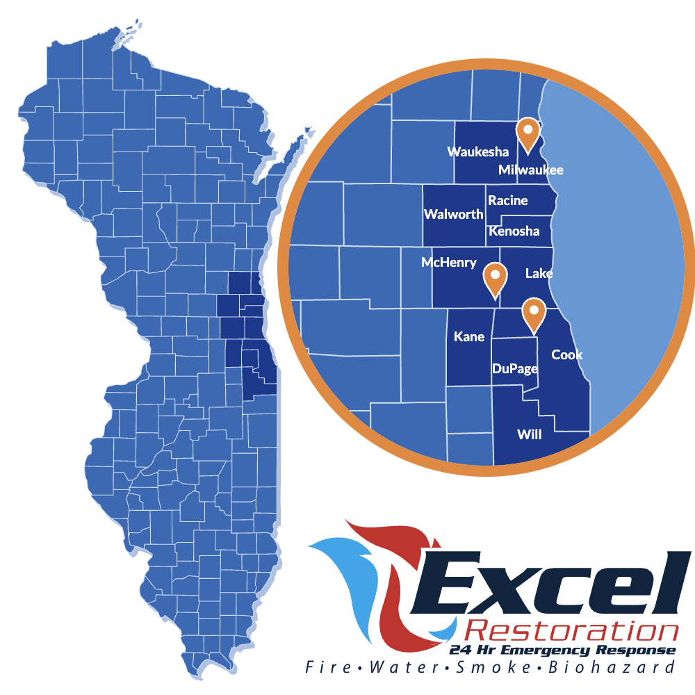 Excel Restoration service area map, Illinois and Southeast Wisconsin
